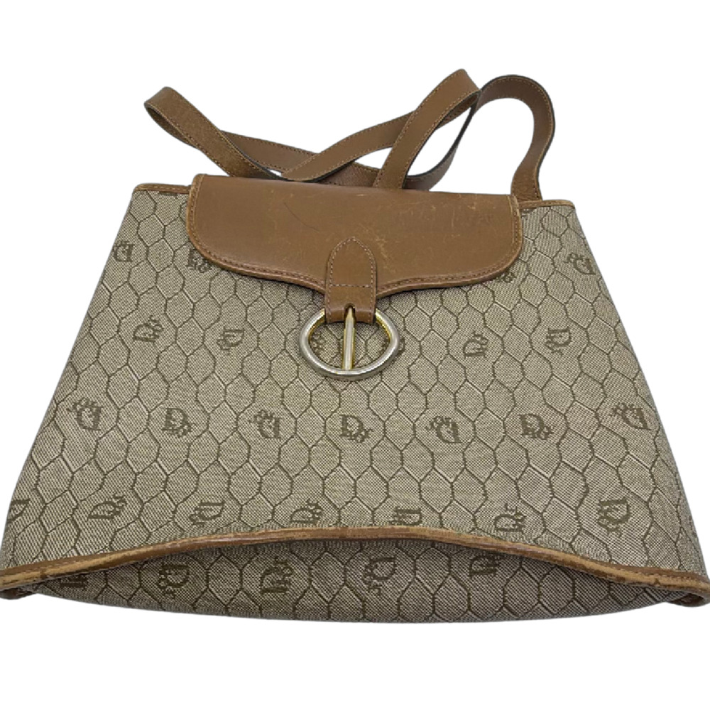 Christian Dior Honeycomb Flap Brown Canvas Leather Shoulder